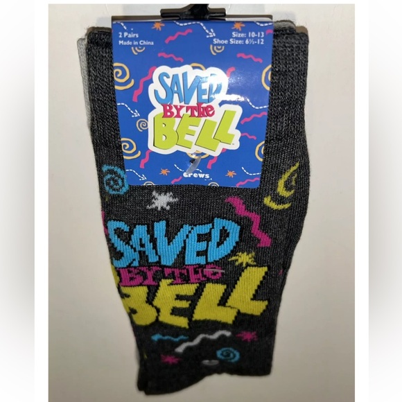 Saved By The Bell Crew Socks 2 Pair Men 6.5-12 Gray w Logo Cell Phone 90s Sitcom - Picture 10 of 10